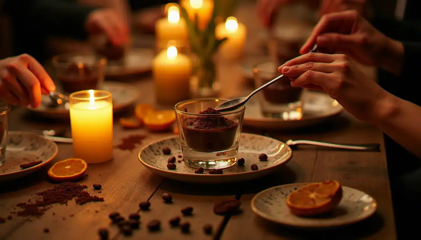 Table de fête avec des verrines de mousse au chocolat servies dans un décor chaleureux de bougies et d'agrumes séchés lors d'un dîner festif