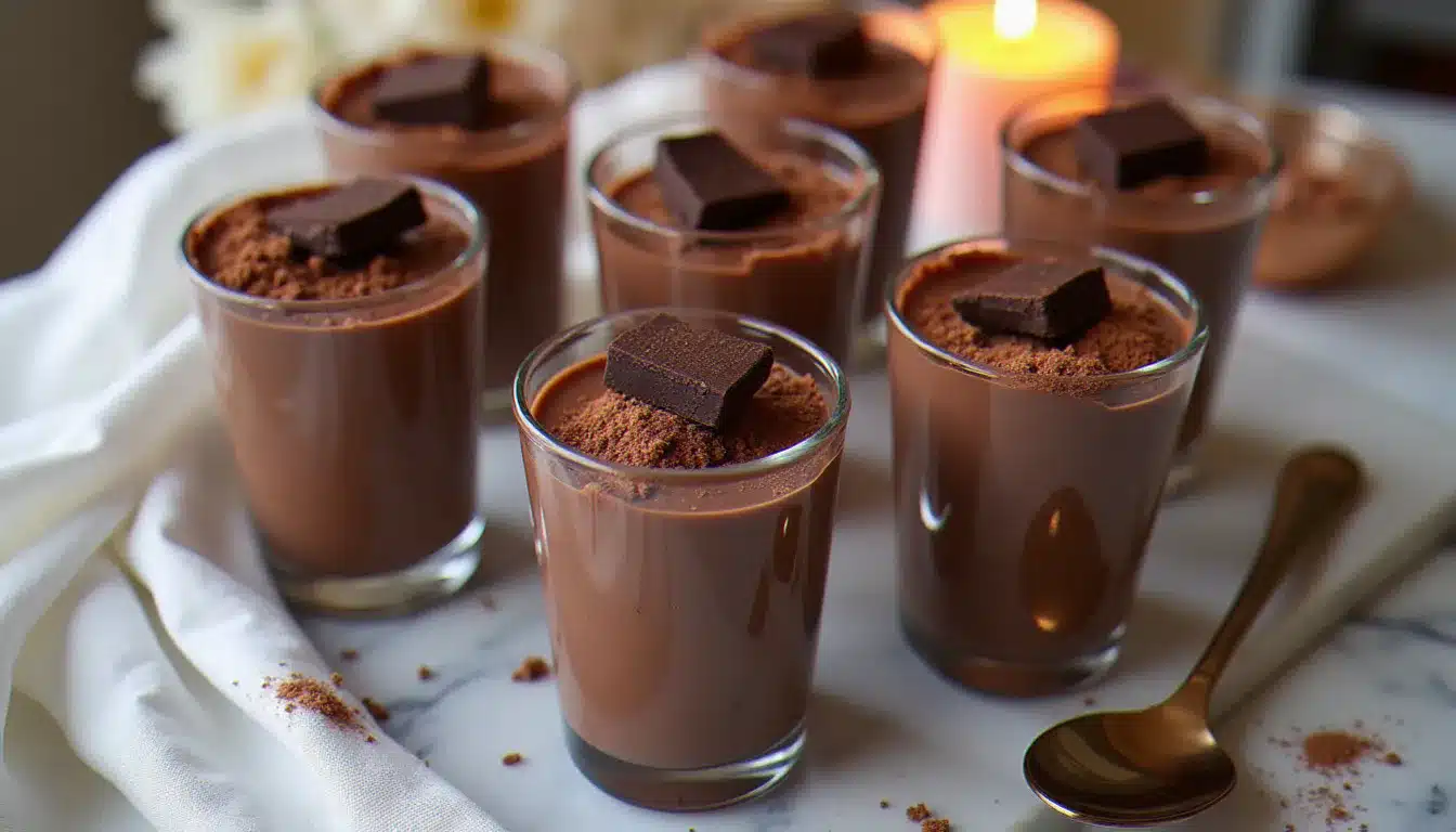 Six verrines de recette mousse au chocolat garnies de copeaux de chocolat noir et de cacao, présentées sur marbre avec une cuillère en argent