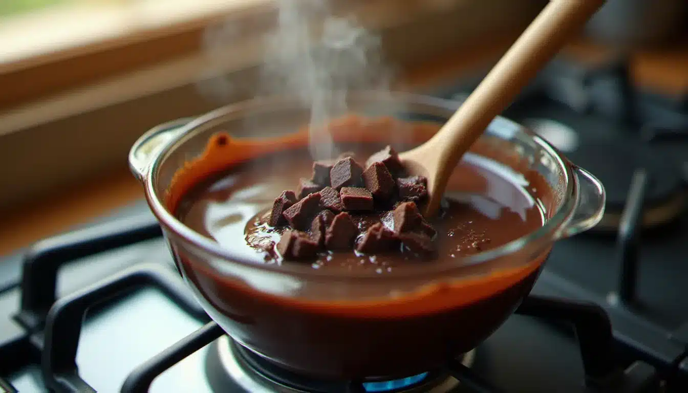 Fonte du chocolat noir au bain-marie avec une spatule en bois, étape clé de la recette rose des sables maison