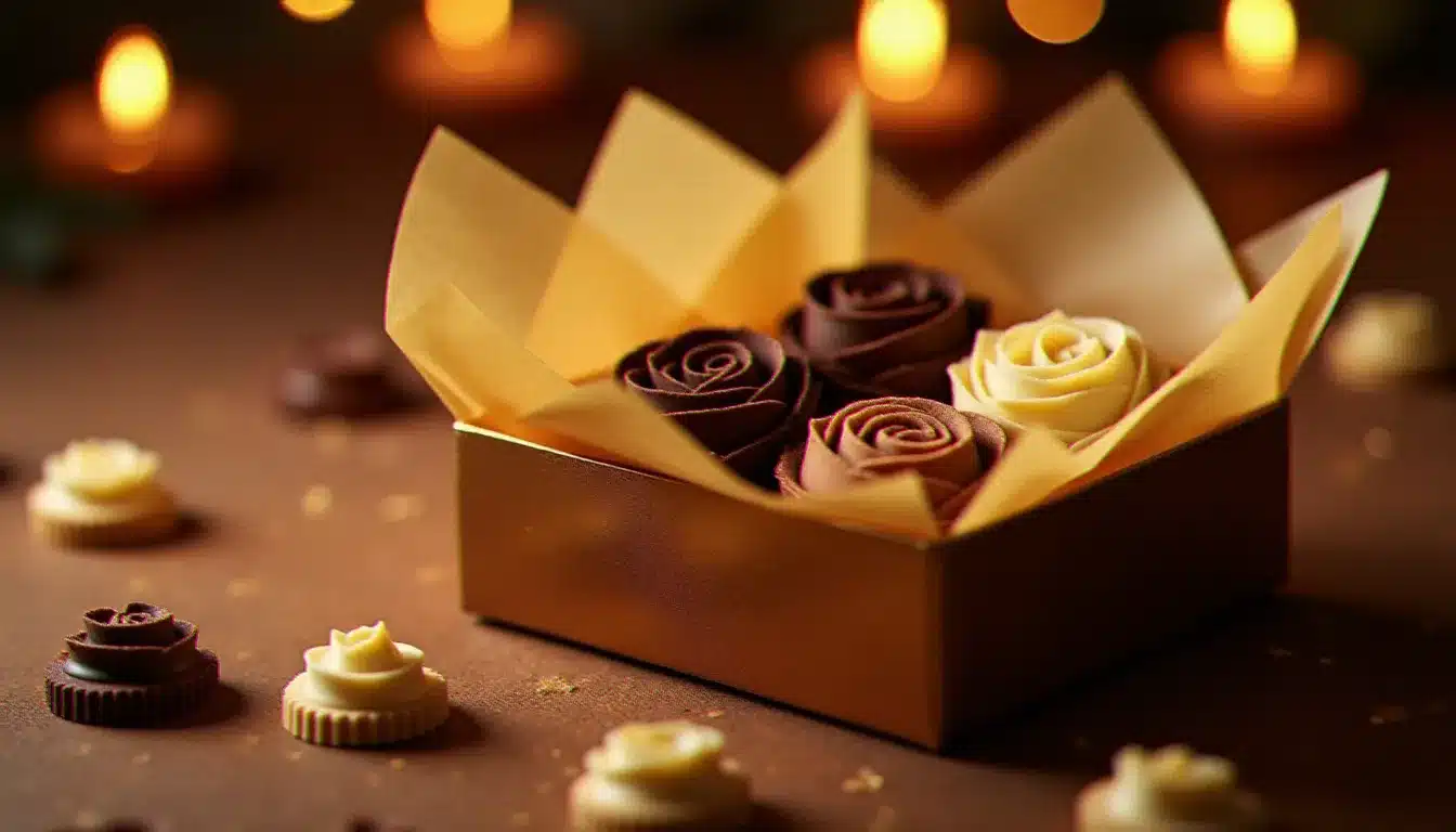 Boîte cadeau élégante garnie de roses des sables variées au chocolat noir, au lait et blanc, prêtes à offrir pour les fêtes