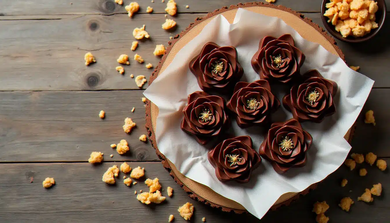 Recette rose des sables au chocolat noir et cornflakes disposées sur du papier sulfurisé, brillantes et irrégulières comme des formations minérales