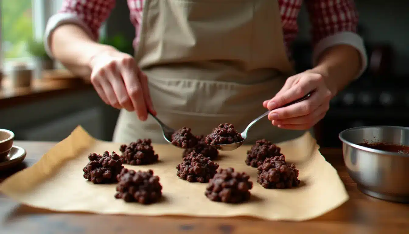 Mains en train de façonner des roses des sables au chocolat noir sur papier sulfurisé, avec un bol de chocolat fondu en arrière-plan dans une cuisine lumineuse