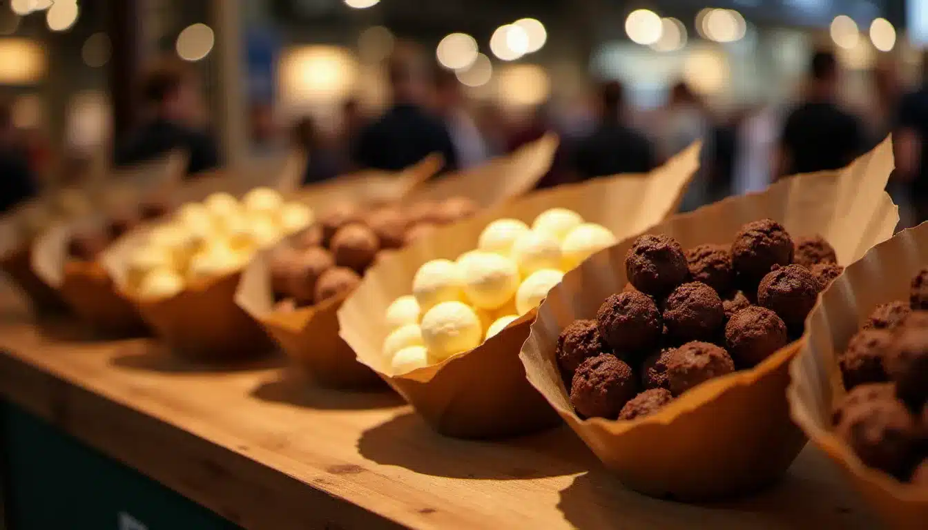 Stand de confiseries artisanales lors d'un salon du chocolat, présentant des roses des sables dans des cornets en papier kraft sous des lumières chaleureuses