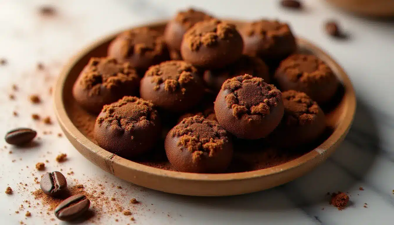 Plateau de roses des sables au chocolat noir sur marbre blanc, confiseries croustillantes en forme de bouquets irréguliers évoquant les cristaux du désert