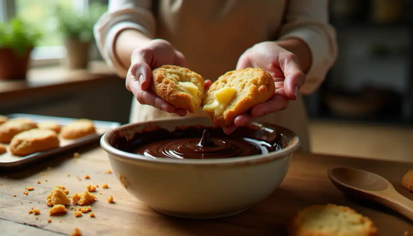 Mains incorporant des biscuits émiettés grossièrement dans un bol de chocolat fondu brillant lors de la préparation d'un saucisson au chocolat maison