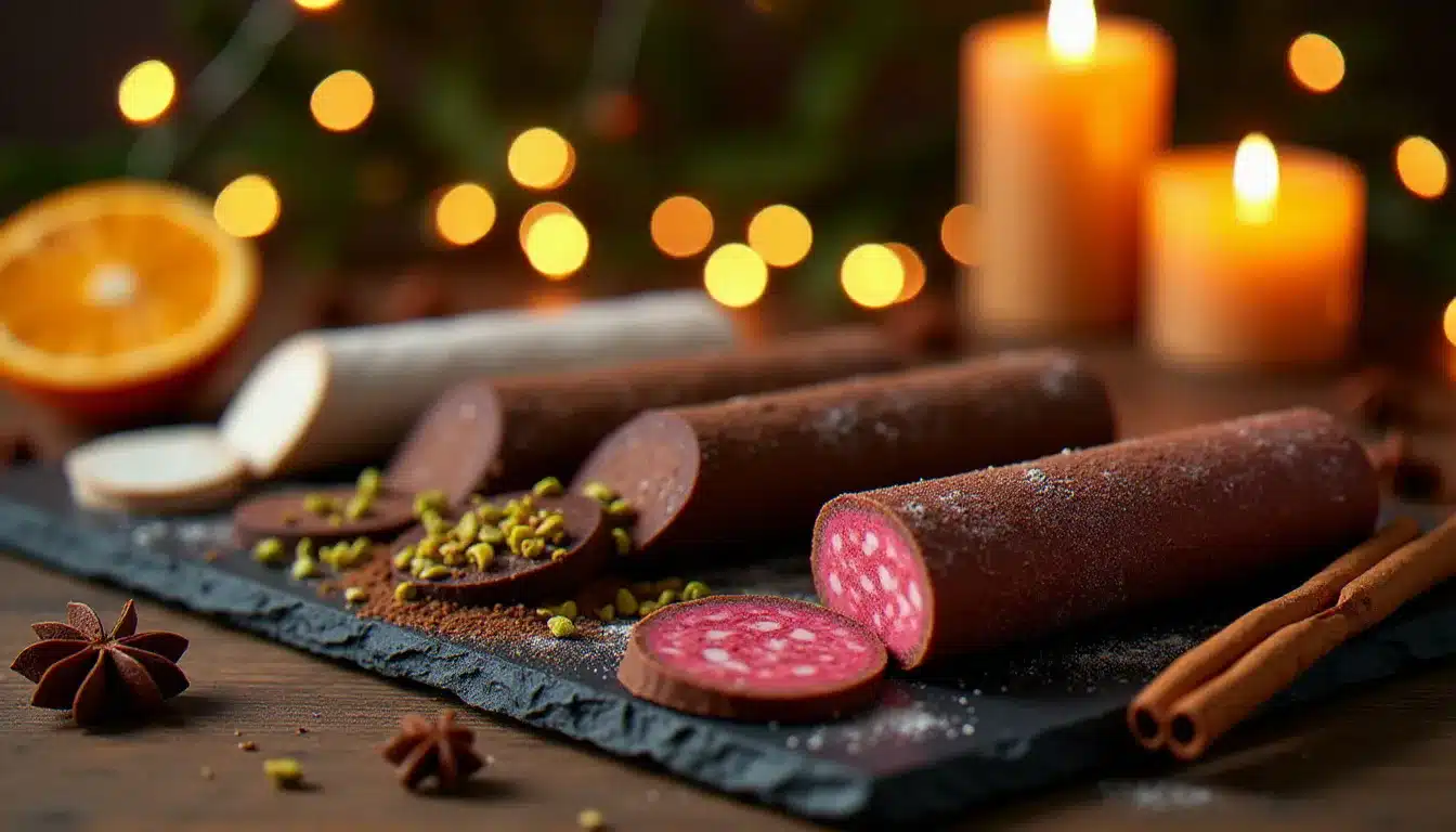 Assortiment de cinq variantes de saucissons au chocolat aux enrobages différents présentés sur des ardoises avec des épices et décors de fête