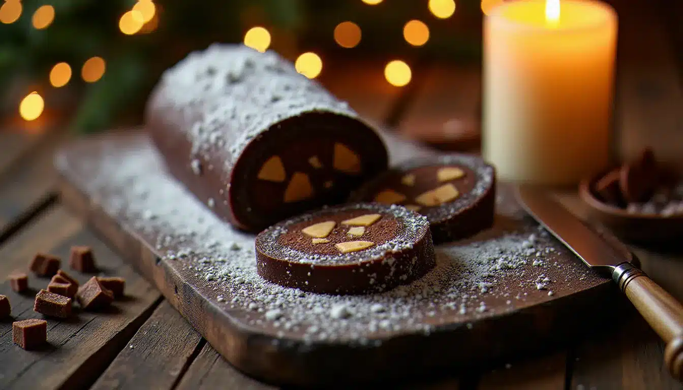 Saucisson au chocolat tranché sur une planche en bois rustique, enrobé de sucre glace blanc, révélant un intérieur fondant marbré d'éclats de biscuits