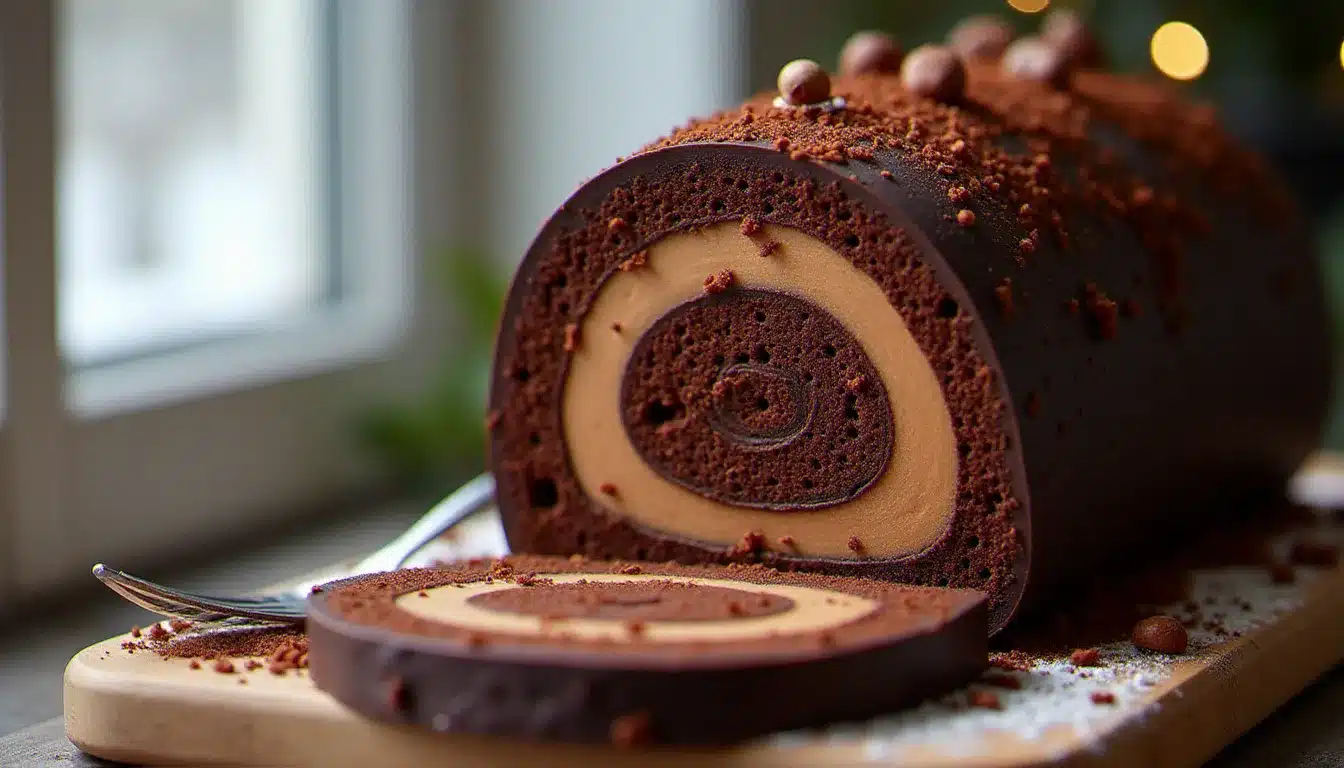 Coupe transversale d'une bûche chocolat entremets révélant les couches de mousse au chocolat noir et d'insert praliné noisette