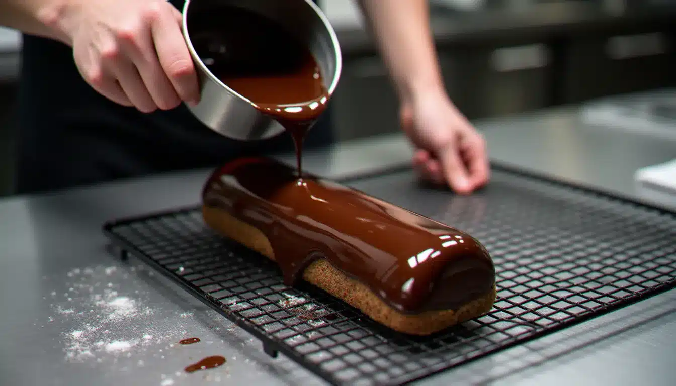 Les mains d'un pâtissier versant un glaçage miroir au chocolat noir sur une bûche chocolat entremets congelée en cuisine professionnelle