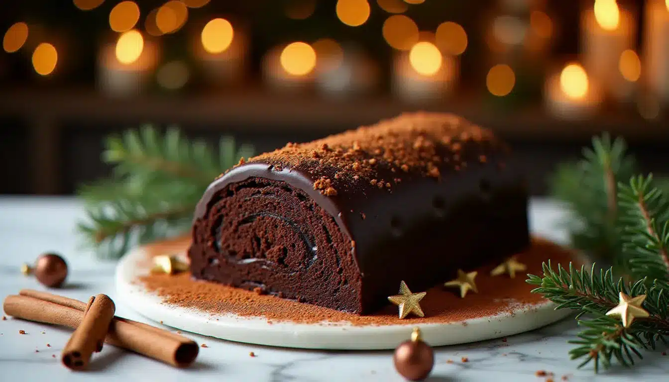 Une élégante bûche chocolat glacée posée sur une table en marbre, entourée de décors de Noël dorés et de branches de sapin
