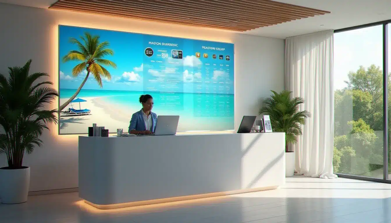 Bureau de voyagiste avec affichage de destinations caribéennes et tableau de tarifs saisonniers pour des forfaits tout-inclus