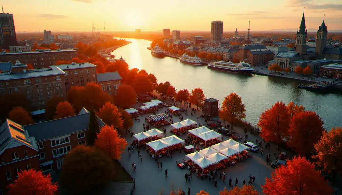Vue aérienne du Vieux-Port de Montréal en automne avec un marché chocolatier festif dans une place publique, destination phare pour les amateurs de cacao voyageant avec Air Transat depuis la France
