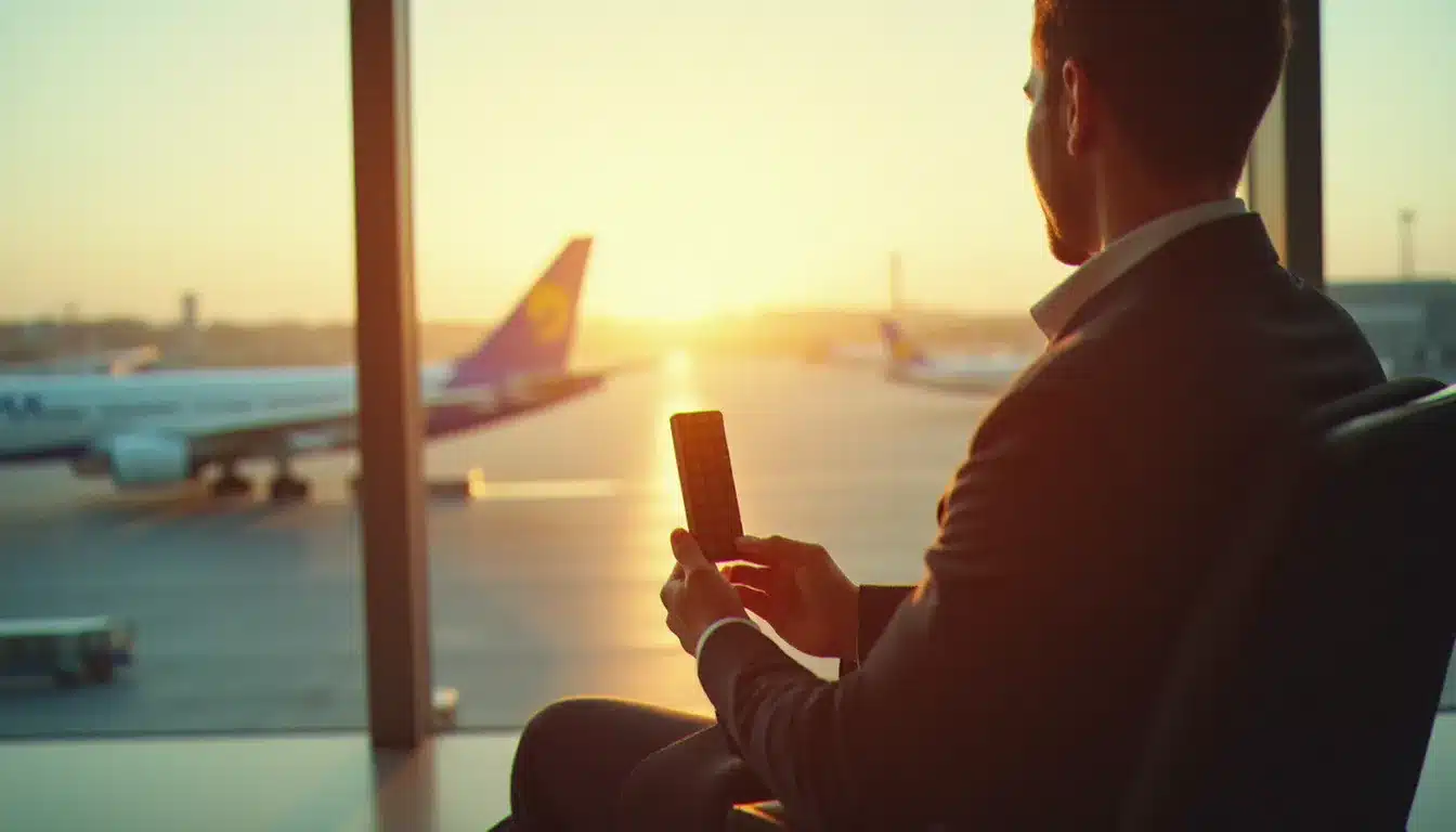 Voyageur tenant un carré de chocolat noir et une carte d'embarquement dans un terminal aéroport lumineux, illustrant la planification d'un voyage Air Transat au meilleur prix pour rejoindre un festival chocolatier