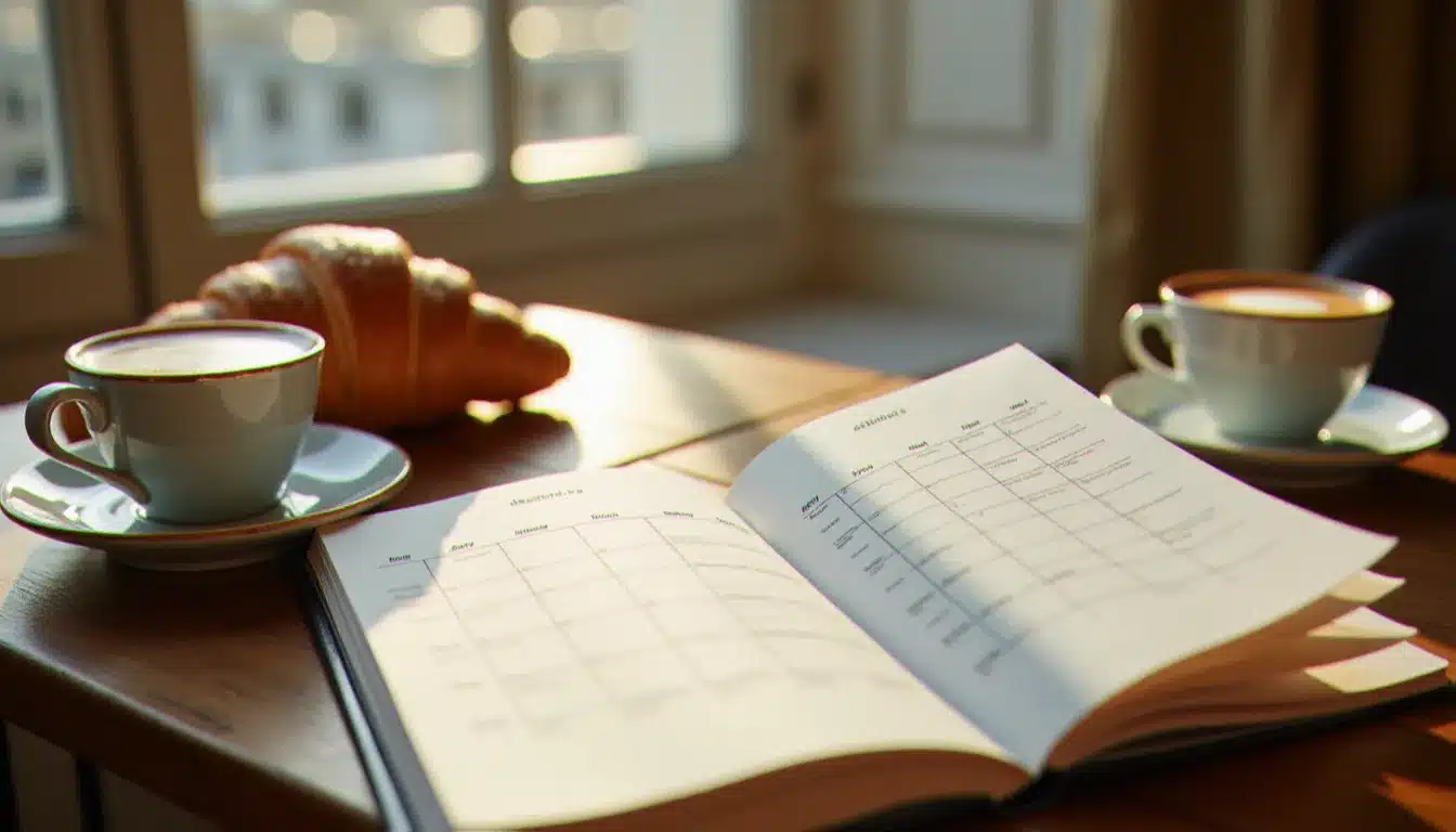 Agenda de voyage ouvert sur un bureau parisien avec des dates de réservation surlignées et un chocolat chaud, symbolisant la planification du calendrier meilleur prix voyage Bergeron