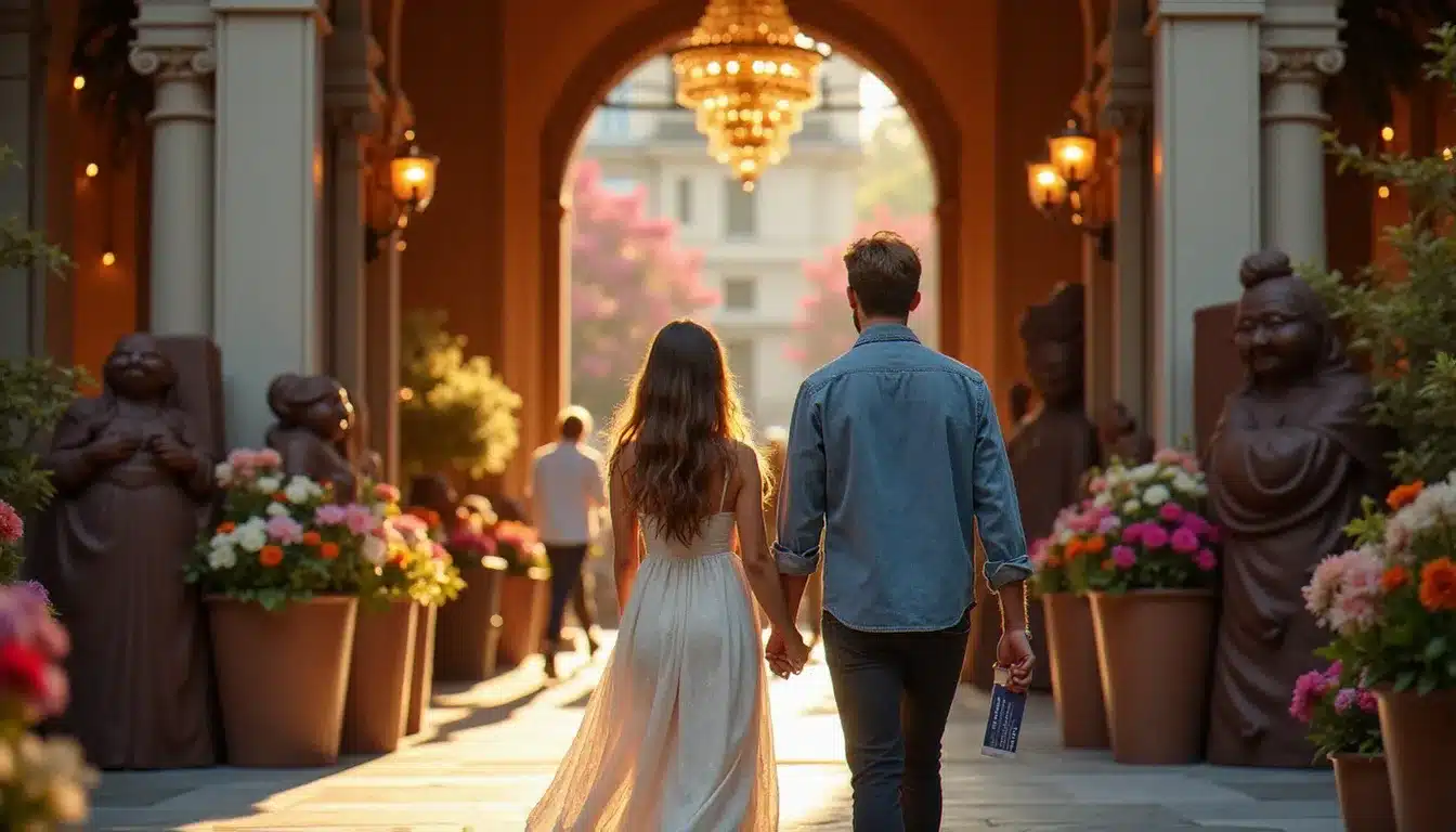 Couple arrivant sereinement à l'entrée d'une grande fête du chocolat en France, bénéficiant d'une réservation anticipée voyage Bergeron au meilleur prix