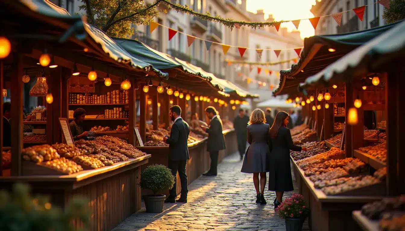 Vue aérienne d'une fête du chocolat en France avec des stands artisanaux et des visiteurs, illustrant un calendrier meilleur prix voyage Bergeron