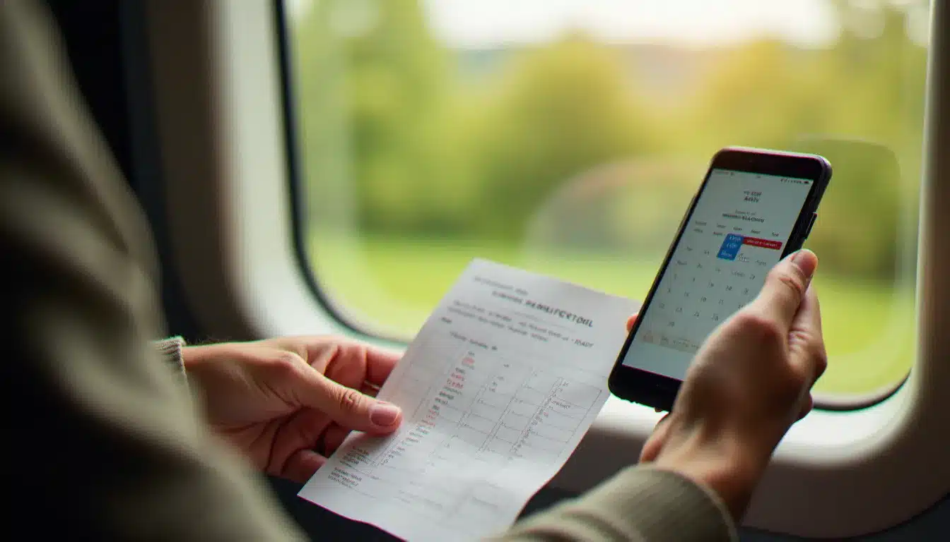 Mains tenant un billet de train et un smartphone avec calendrier pour planifier un voyage dans le sud de la France au meilleur prix autour des festivals du chocolat