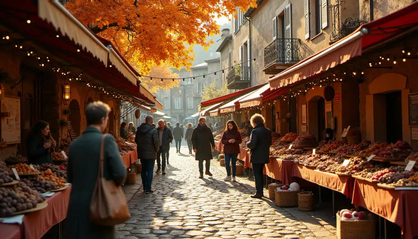 Marché artisanal chocolat dans un village provençal en automne, période idéale pour un voyage dans le sud au meilleur prix avec une animation gourmande authentique