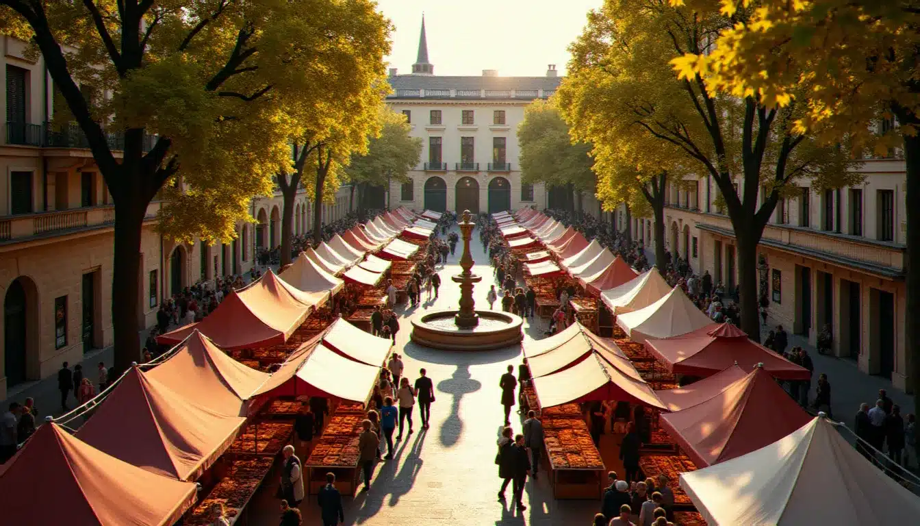 Vue aérienne d'un festival du chocolat artisanal sur une place ensoleillée du sud de la France, illustration du calendrier meilleur prix voyage dans le sud pour les amateurs de cacao