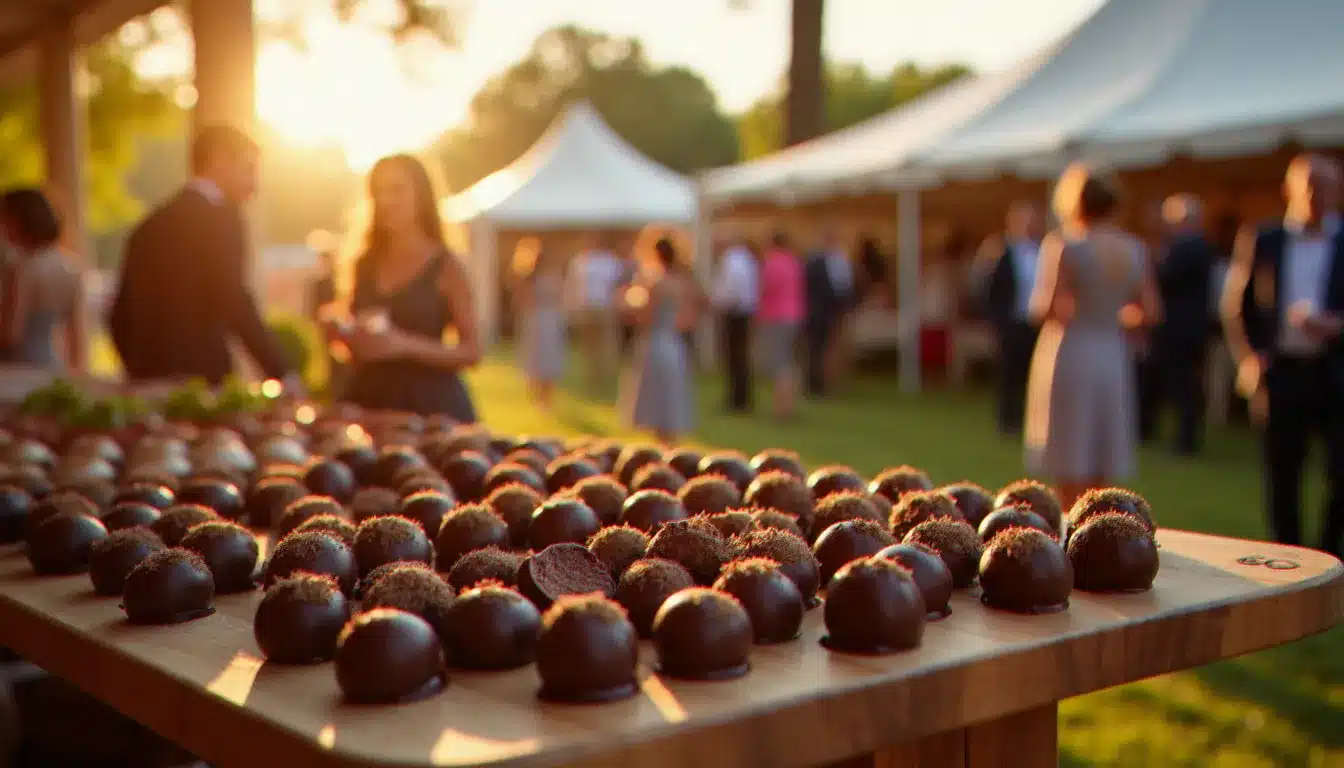 Étalage de chocolats artisanaux lors d'un festival gourmand en France, illustrant les meilleures occasions de voyage sur le calendrier meilleur prix voyage