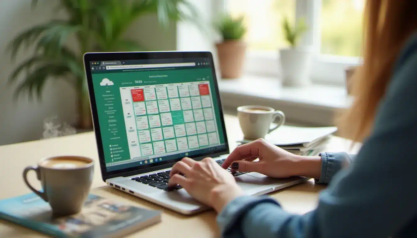 Personne consultant un calendrier de prix en ligne pour réserver un voyage tout inclus au meilleur tarif, une tasse de chocolat chaud posée sur le bureau à côté de l'ordinateur