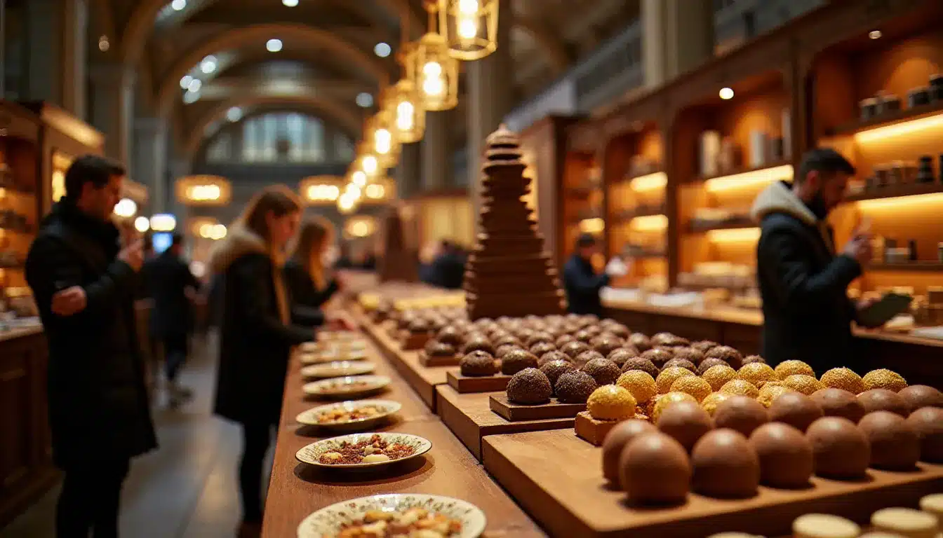 Hall d'un grand festival du chocolat artisanal avec exposants et visiteurs en train de déguster des pralines et bonbons, une destination qui justifie de planifier un voyage tout inclus en consultant le calendrier des meilleurs prix