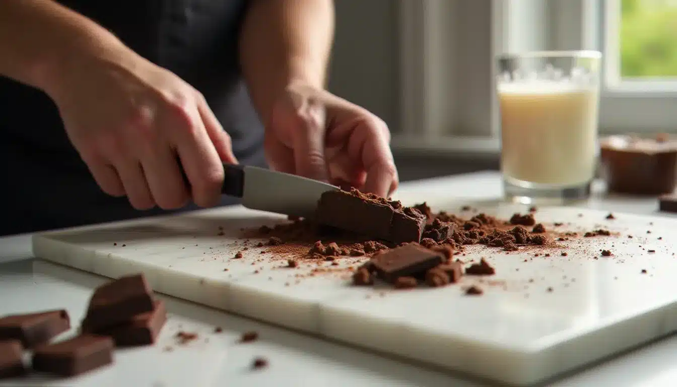Chocolat noir haché finement sur une planche en marbre pour préparer un chocolat chaud maison