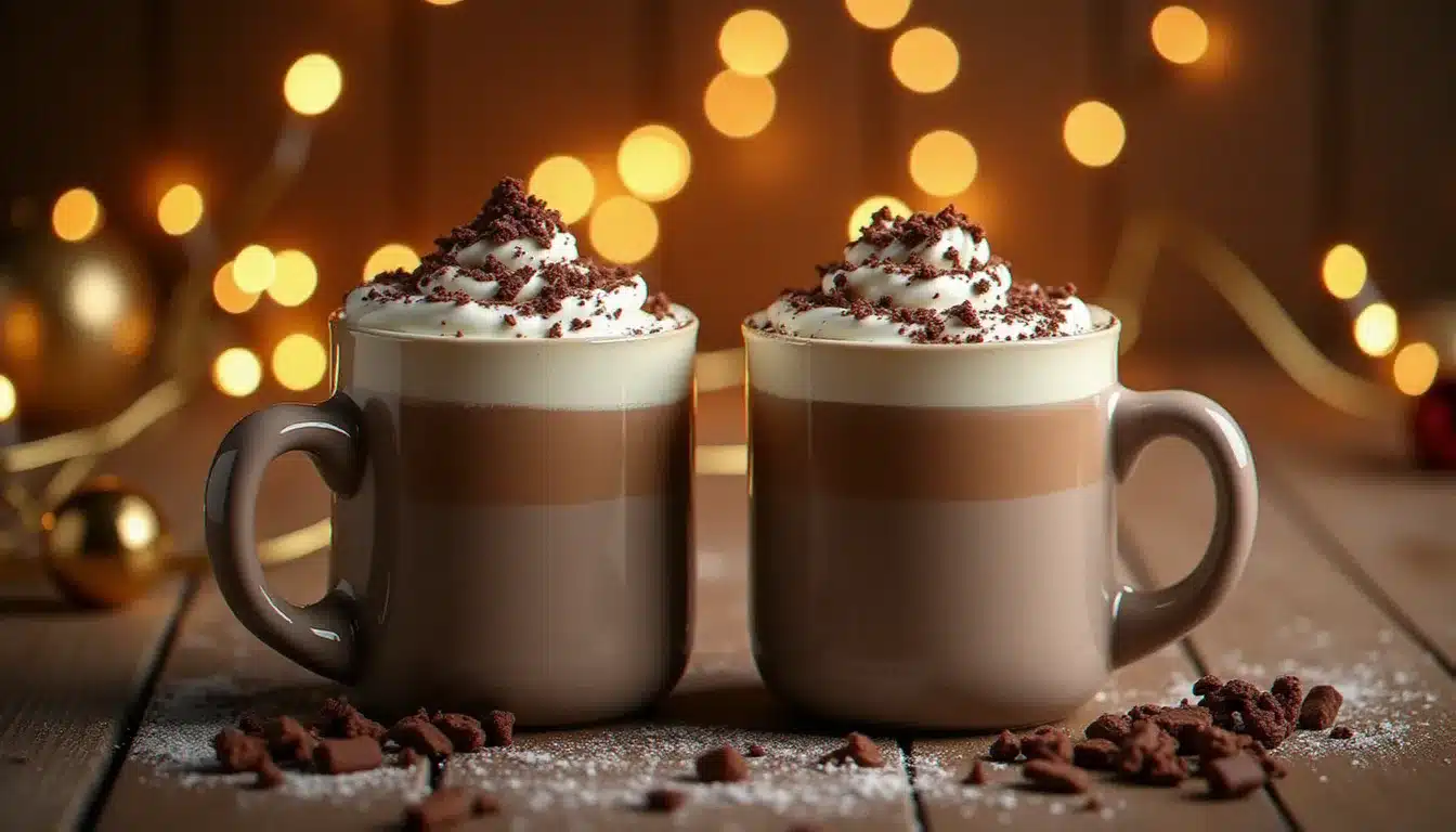 Deux tasses de chocolat chaud maison festif surmontées de crème fouettée et de copeaux de chocolat sur une table de fête illuminée