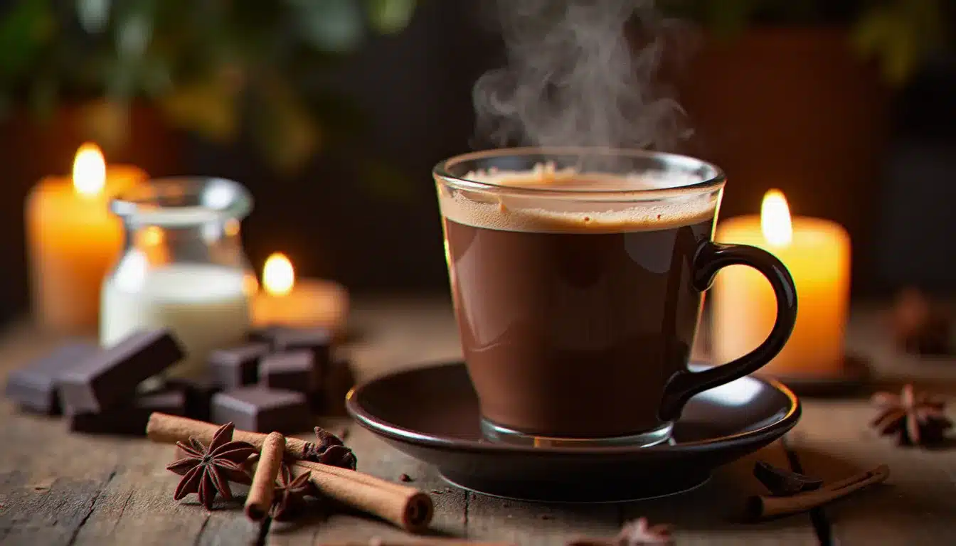 Tasse de chocolat chaud maison fumant posée sur une table en bois avec des morceaux de chocolat noir et des épices