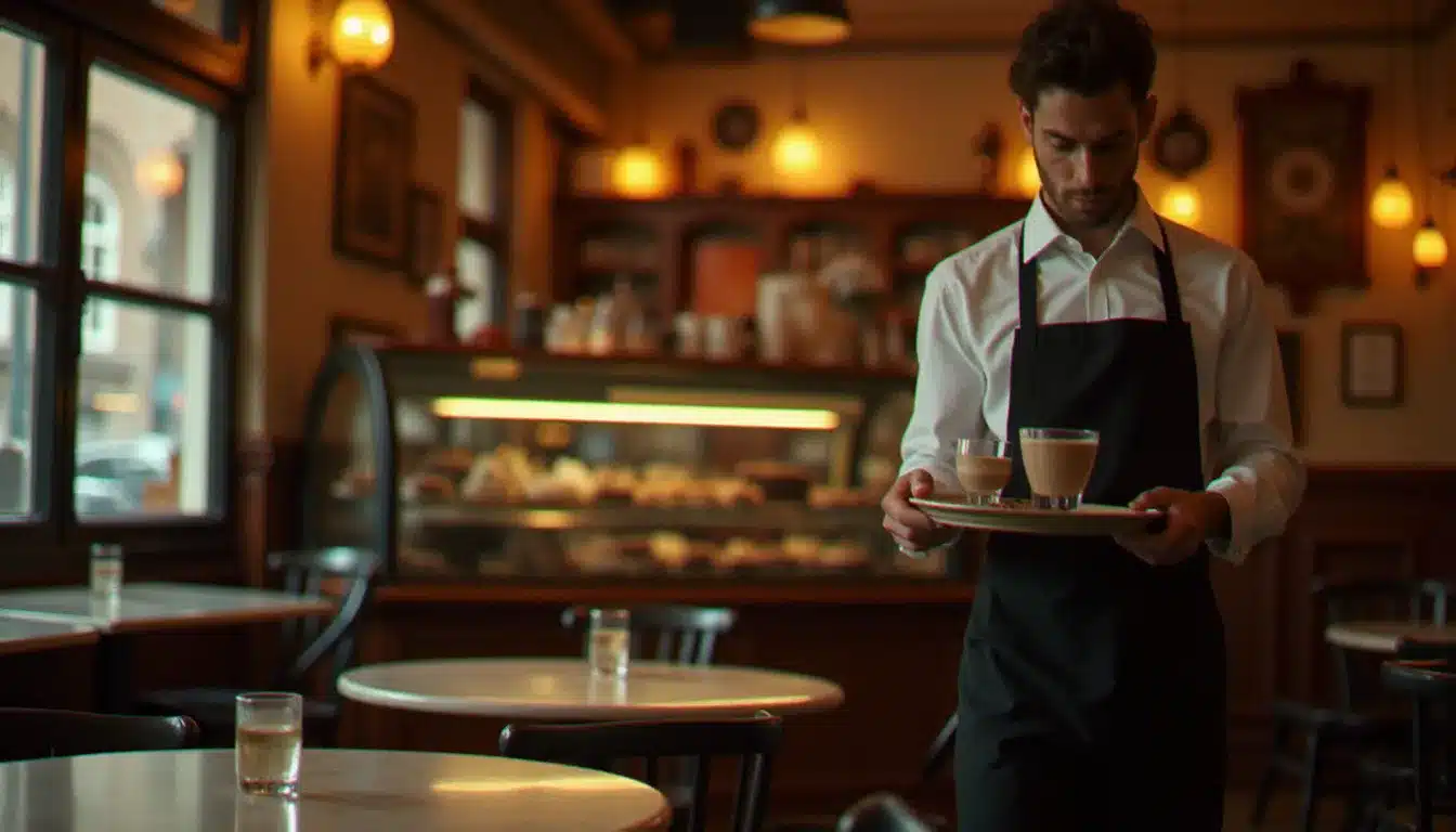 Intérieur d'un café belge traditionnel avec des coupes de chocolat liégeois portées sur un plateau par un serveur
