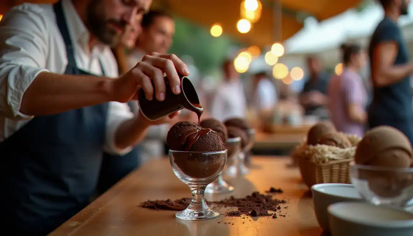 Chocolatier artisan préparant des coupes de chocolat liégeois en direct lors d'une grande fête gourmande en plein air