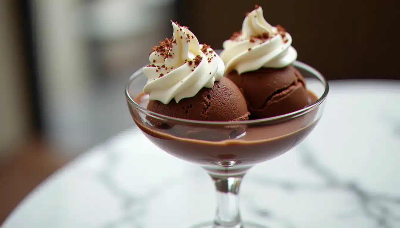 Coupe de chocolat liégeois avec glace au chocolat, chantilly et copeaux, servie dans un verre élégant sur une table en marbre