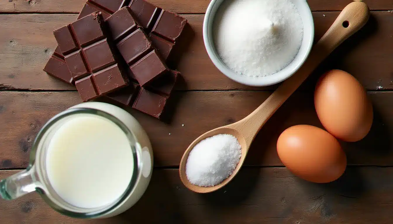 Ingrédients pour une crème au chocolat maison disposés en vue du dessus sur une table en bois rustique : chocolat noir, œufs frais, lait entier et sucre