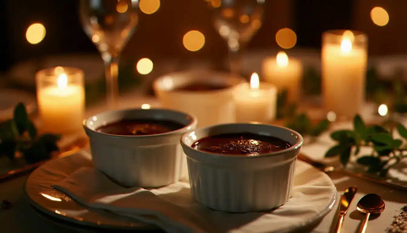 Table de fête avec des petits pots de crème au chocolat en ramequins en céramique entourés de bougies et de couverts dorés pour un repas de célébration