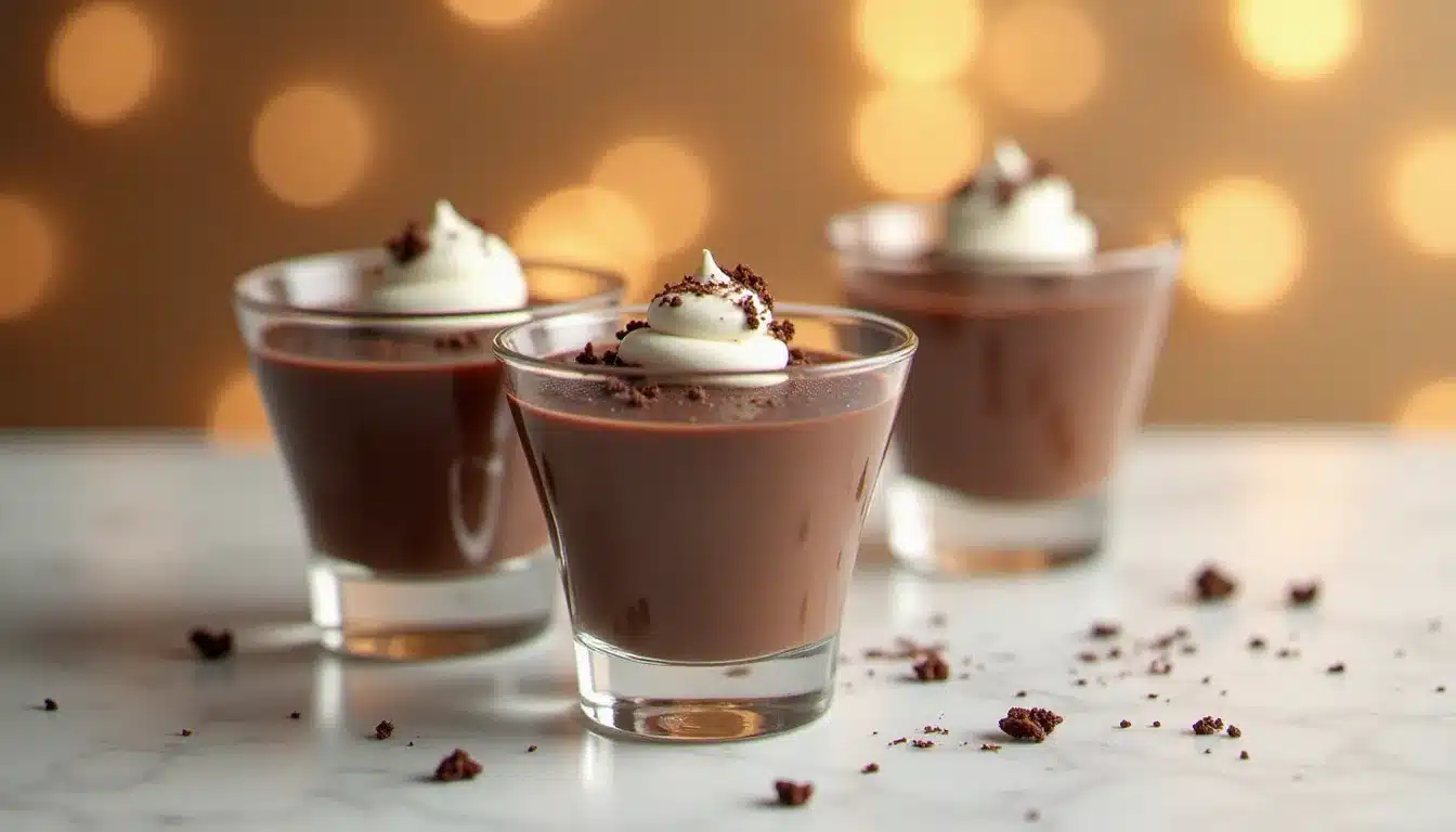 Trois verrines de crème au chocolat garnies de chantilly et de copeaux de chocolat sur un marbre blanc, mise en scène festive et élégante