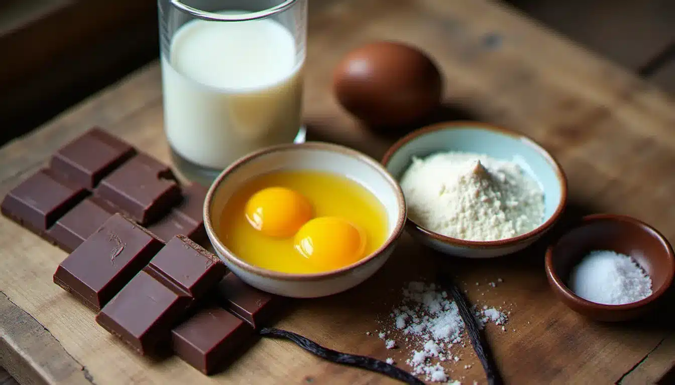 Vue du dessus des ingrédients pour crème dessert chocolat — chocolat noir cassé, jaunes d'œufs, fécule de maïs, lait entier et vanille disposés sur une table en bois