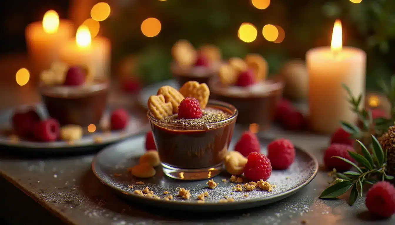Table de fête avec des verrines de crème dessert chocolat décorées de feuilles d'or alimentaire, framboises fraîches et tuiles au pralin, dans une ambiance de dîner élégant aux chandelles