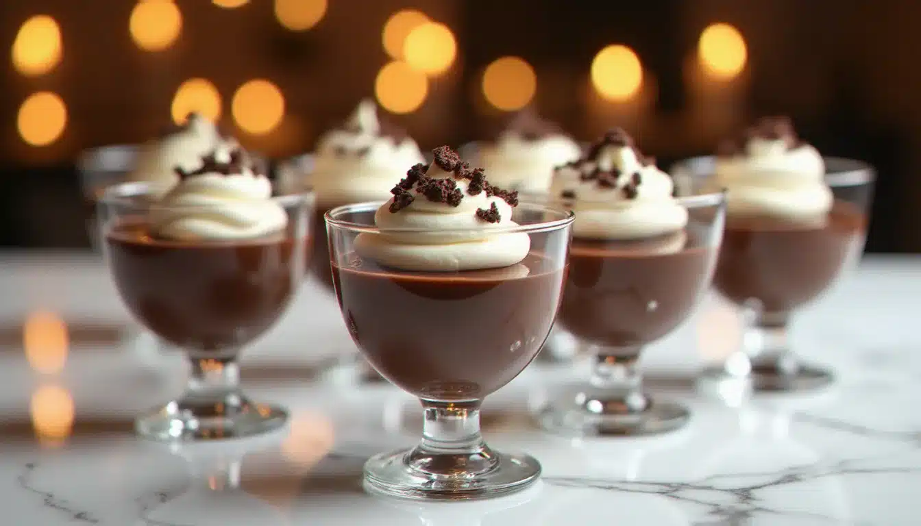 Six verrines de crème dessert chocolat noir garnies de crème fouettée et de copeaux de chocolat, photographiées sur marbre blanc à la lumière des bougies