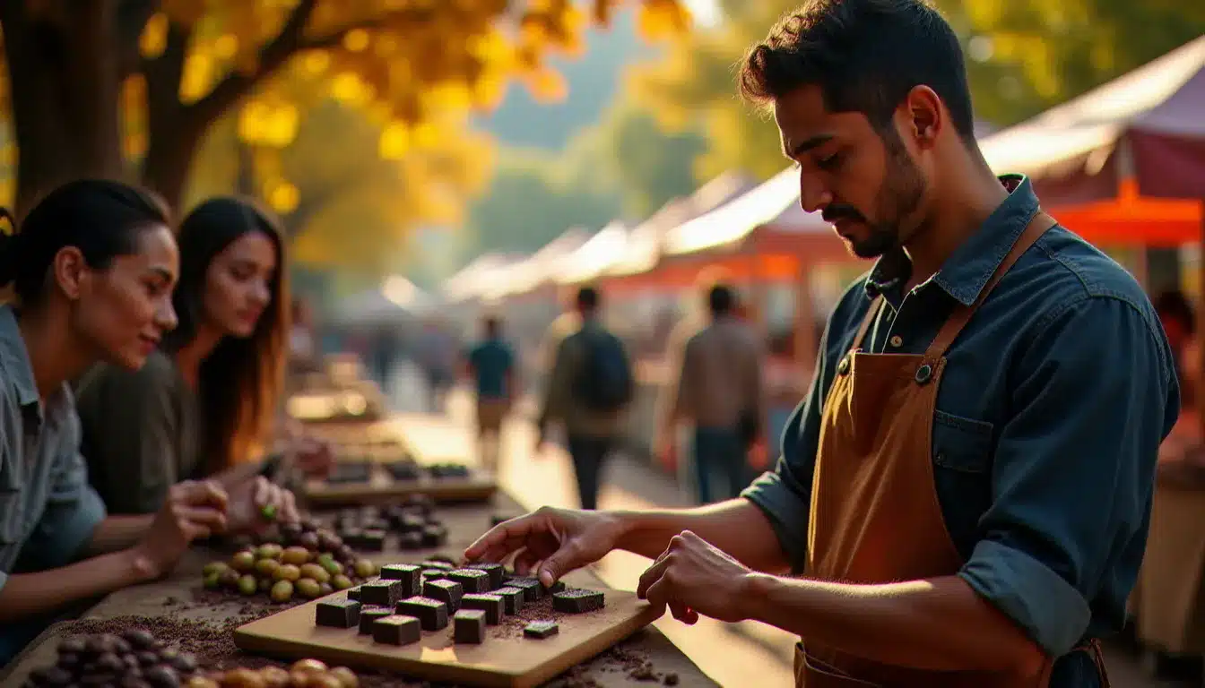 Jeune chocolatier péruvien présentant ses tablettes d'origine au stand de La Grande Fête du Chocolat 2026, avec des cabosses de cacao fraîches exposées sur son comptoir en bois