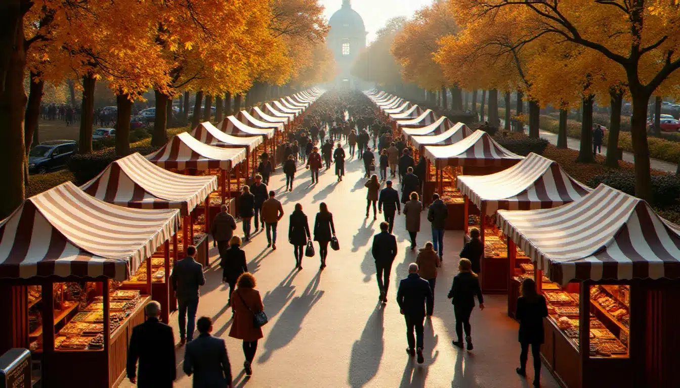 Vue aérienne de La Grande Fête du Chocolat 2026 au Parc Floral de Paris avec ses stands d'artisans chocolatiers d'Amérique latine lors de la date prix d'Amérique automnal