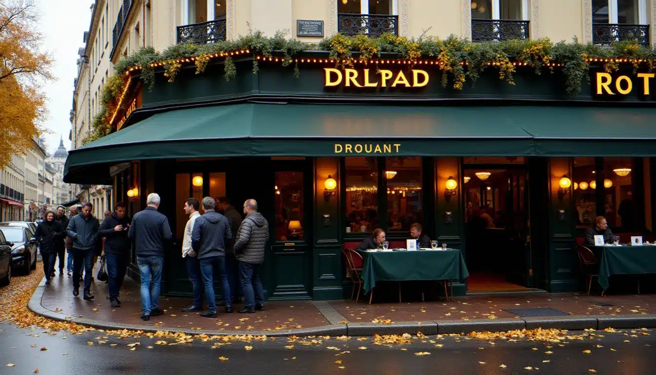 Façade du restaurant Drouant à Paris un matin de novembre, lieu de la remise du Prix Goncourt 2025, avec des journalistes rassemblés devant l'entrée