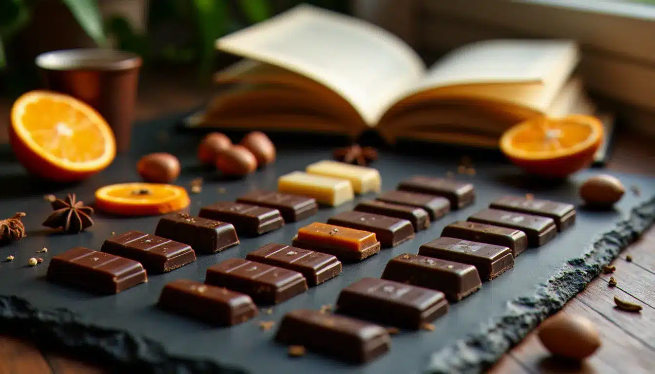 Table de dégustation de chocolats artisanaux d'automne avec des épices et des livres ouverts, sélection gourmande pour célébrer la saison du Prix Goncourt 2025