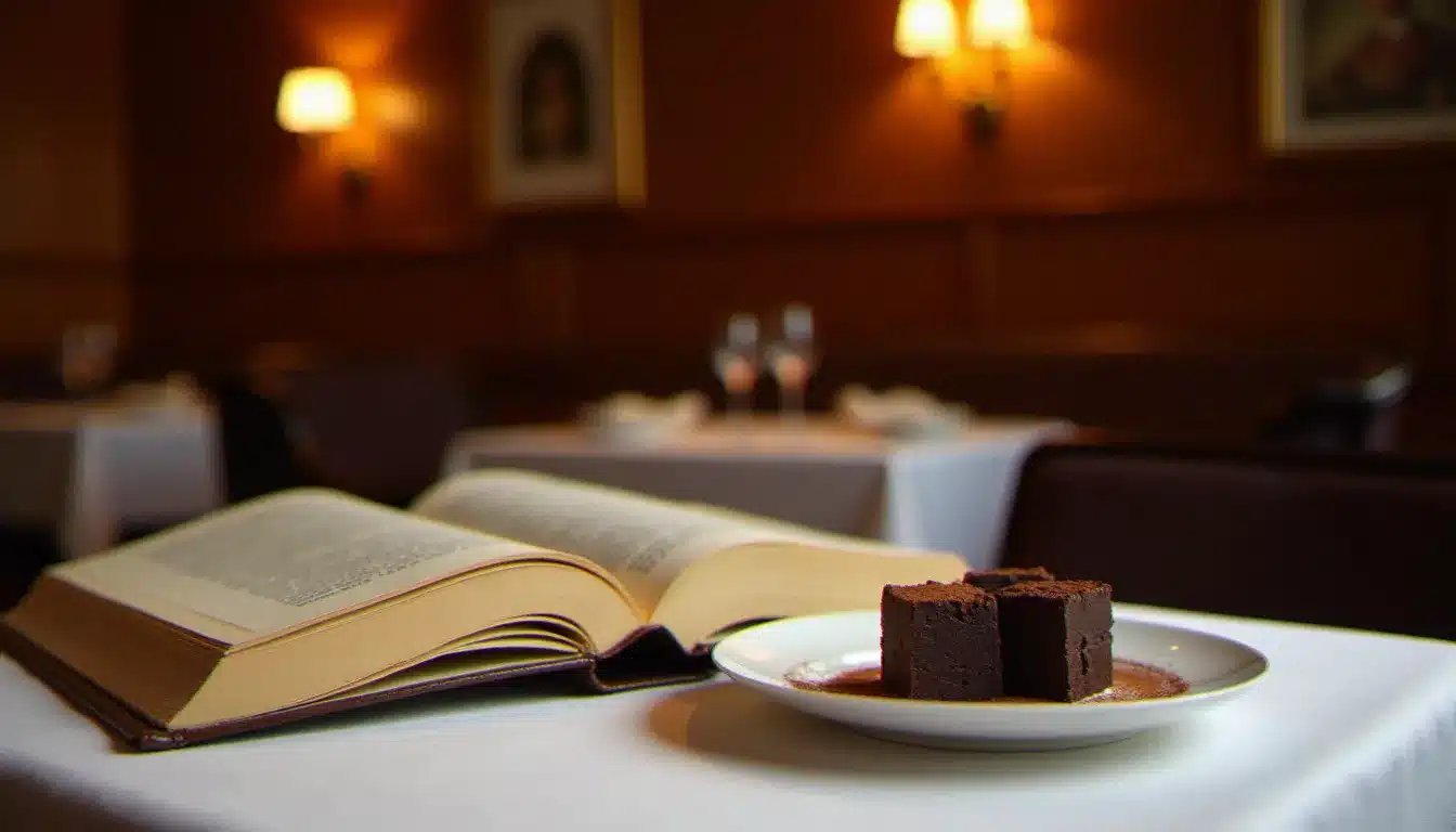 Salle privée d'un restaurant parisien en novembre avec un roman ouvert et des carrés de chocolat noir, évoquant la date du Prix Goncourt 2025