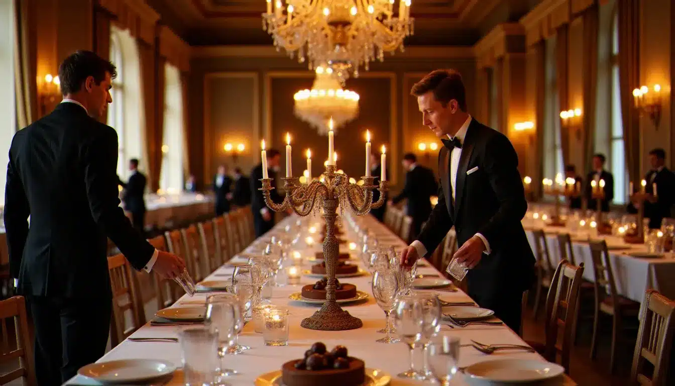 Grande salle de banquet nordique décorée pour une cérémonie de gala, avec des desserts au chocolat servis lors d'un dîner de prestige rappelant le banquet Nobel du 10 décembre