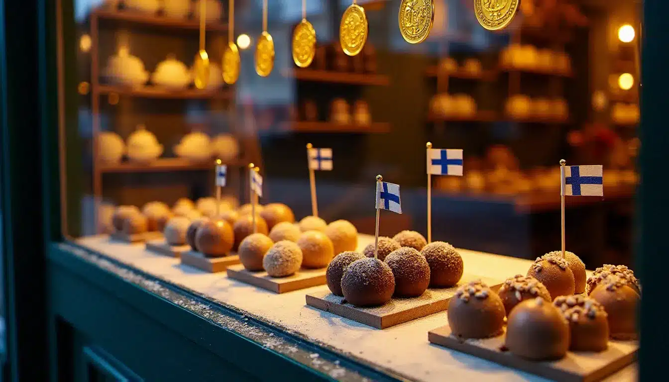Vitrine d'un chocolatier artisan parisien en décembre, avec des créations chocolatées de prestige exposées dans une ambiance festive et dorée de saison Nobel