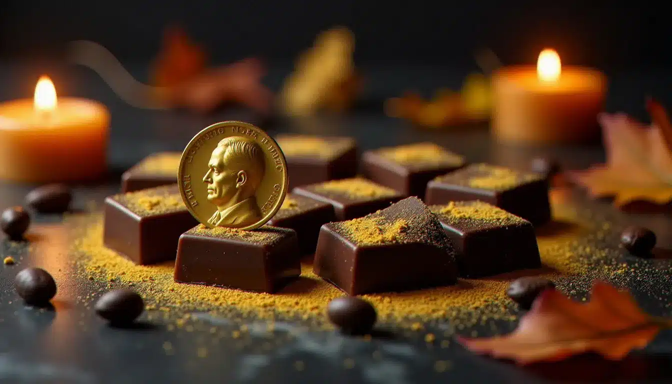 Médaille dorée Nobel posée sur des carrés de ganache au chocolat noir saupoudrés d'or, évoquant la date Prix Nobel 2025 et son lien avec la gastronomie de prestige