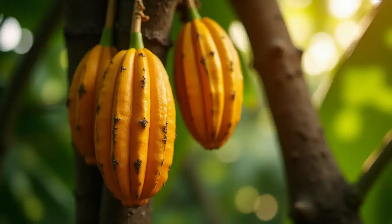 Cabosses de cacao mûres accrochées à un tronc dans une plantation tropicale, symbole du lien entre le commerce équitable du chocolat et la coopération internationale pour la paix