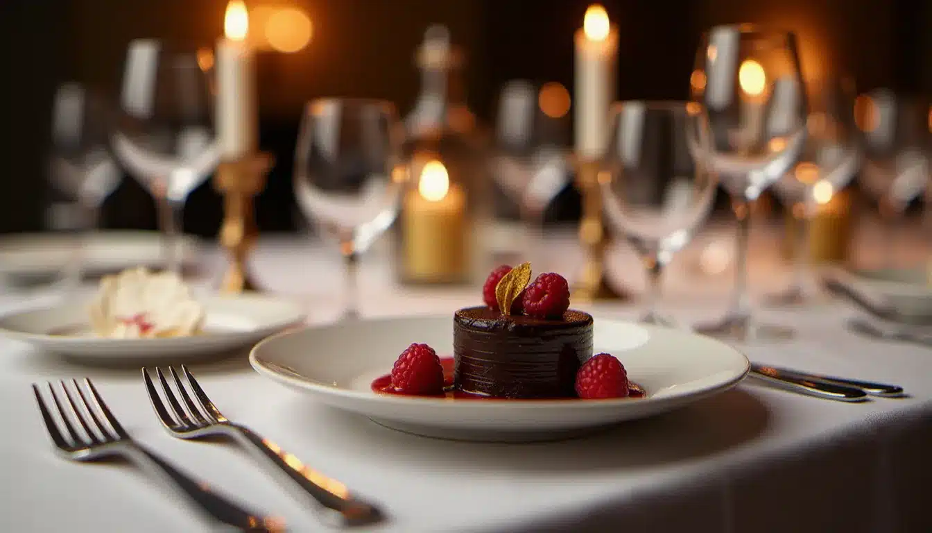 Table du banquet Nobel dressée pour le dîner de gala du 10 décembre, avec un dessert au chocolat noir comme pièce maîtresse du repas