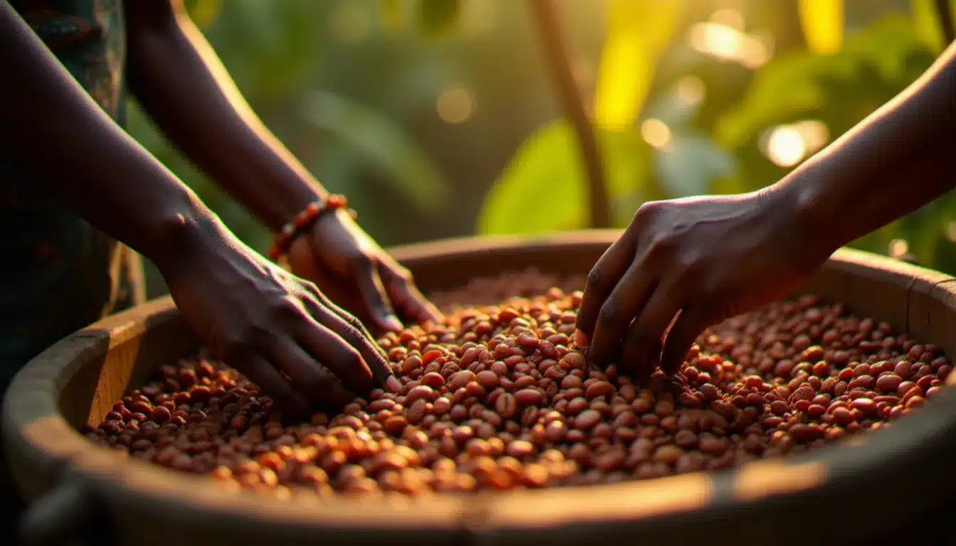 Productrices de cacao en Afrique de l'Ouest triant des fèves fraîches, symbole du lien entre cacao équitable et paix durable dans les régions productrices