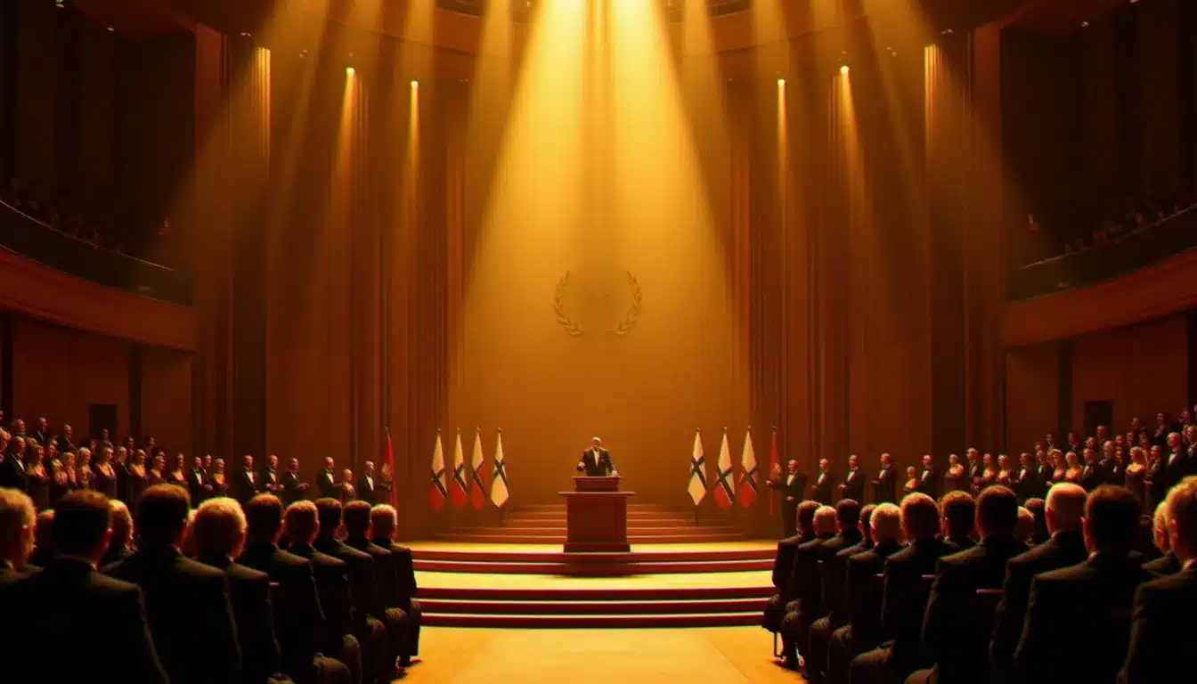 Salle de cérémonie de l'Hôtel de Ville d'Oslo lors de la remise du Prix Nobel de la Paix le 10 décembre, illustrant la date du prix Nobel de la paix